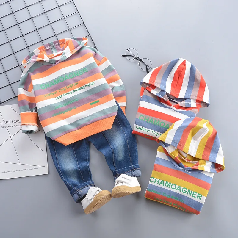 

2019 New Style Autumn Clothing CHILDREN'S Sweater Children Baby Fashion Korean-style Lettered Colorful Strip Hat Bucket Shirt Tw