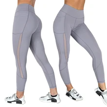 Black Leggings With Pocket Breathable Compression Womens High Waist Leggins Gym Basic Sportingwear Push Up Mesh Patchwork