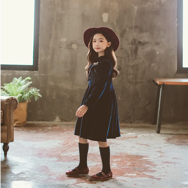 New Year Velvet Girls Dresses Long Sleeve Red Navy Fall Winter Kids Children's Clothing Baby Girl Princess Dress Toddler Clothes