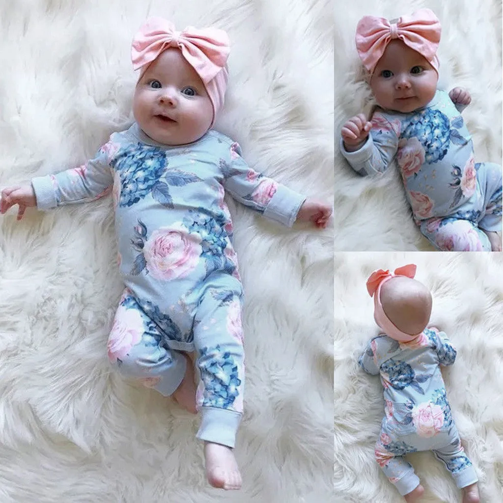 Long Sleeve Infant Floral Romper For Baby Gir Spring Summer Clothes With Bow Hair Band New Born Girl Romper Photo Baby Jumpsuit