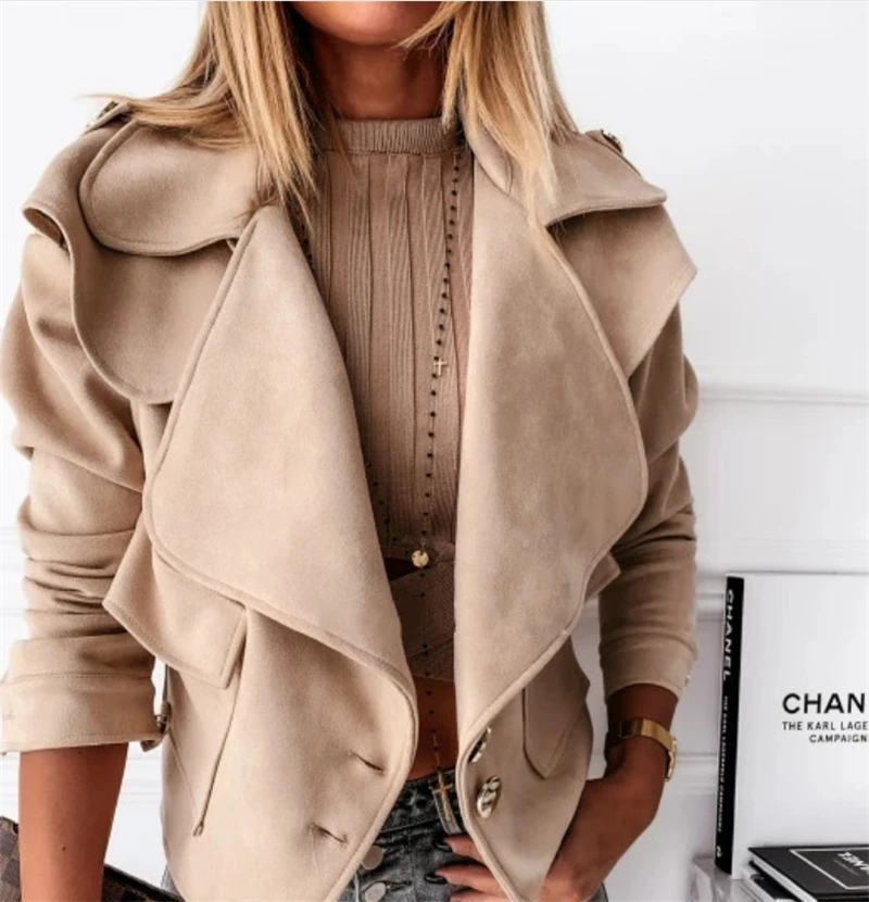 

Fashion Women Deerskin Velvet Jacket, Lapel Double Button Simple Style Solid Color Spring Clothing Long Sleeve Autumn Clothes