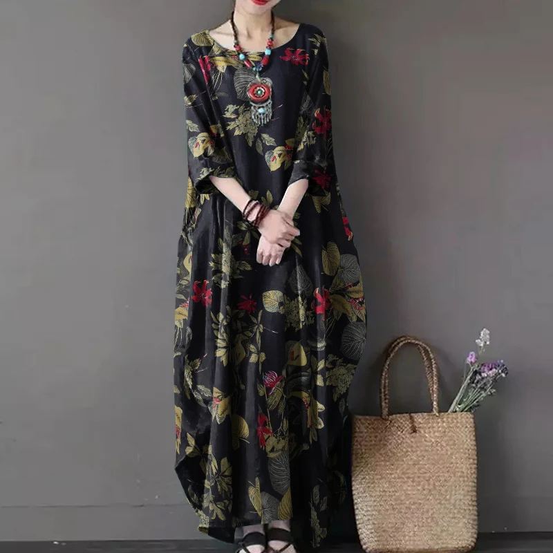 ZANZEA Vintage Printed Maxi Long Dress Women Sundress Casual Long Sleeve Kaftan Dresses Female Baggy Floral Vestidos Plus Size 7