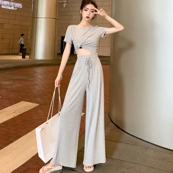 

Women Set Solid Color Slim T-shirt + High Waist Wide Leg Pants Casual Suit Fashion Two-piece Female Set