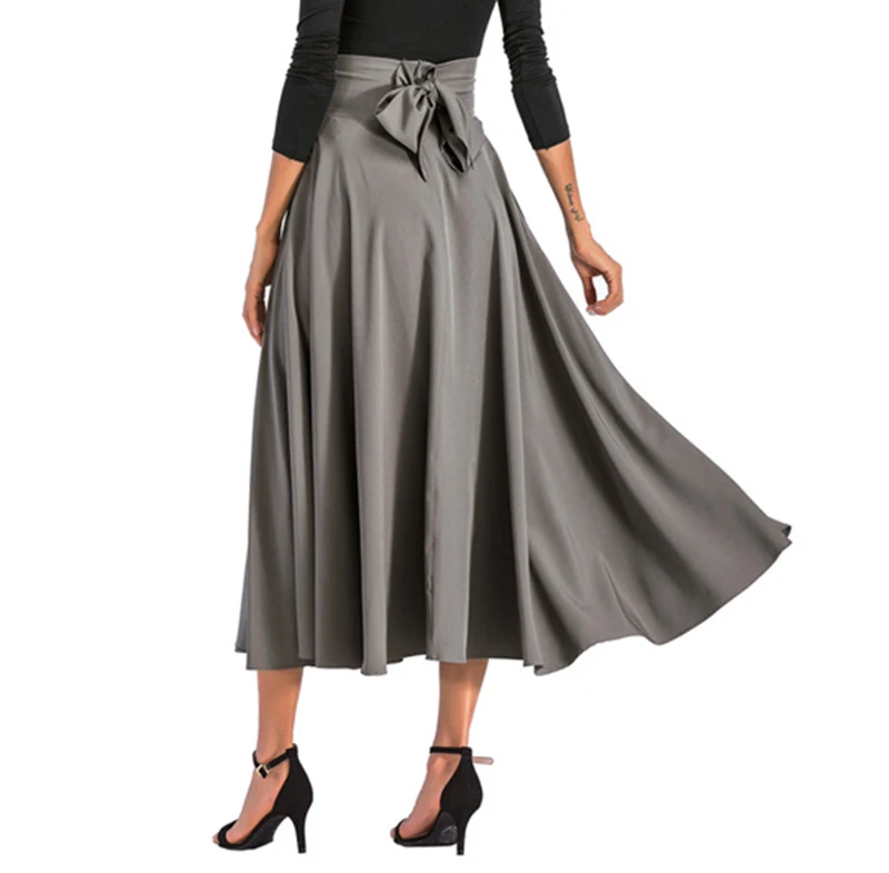 2020 New Fashion  Women Long Skirt Casual Spring  Summer Skirt womens Elegant Solid Bow-knot A-line Maxi Skirt Women Cothes (11)