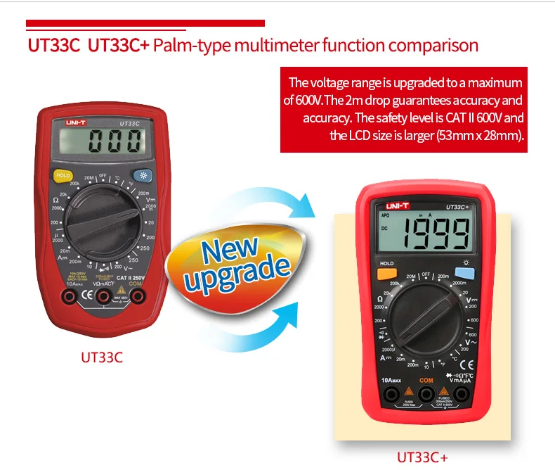 Uni-t Цифровой мультиметр UT33A+ автоматический диапазон напряжения Измеритель сопротивления тока lcd AC DC+ 2mF емкость бесконтактный Тестер Напряжения подсветка