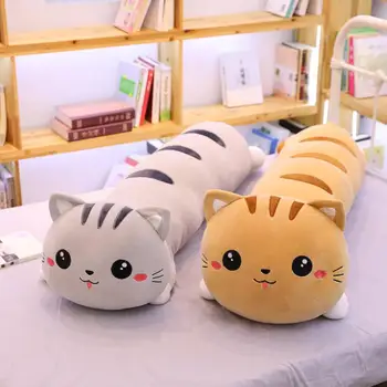 

130cm Soft Happy Cat Kitten Plush Toy Cartoon Lucky Cat Little Animal Doll Long Bolster Pillow Sleeping Friend Brown Grey
