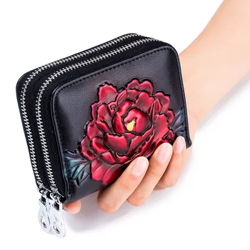 

2019 RFID Blocking Card Holder Double Zippe Cards Wallet Rose Printing Coin Purse Women Large Capacity Business Credit Card Case