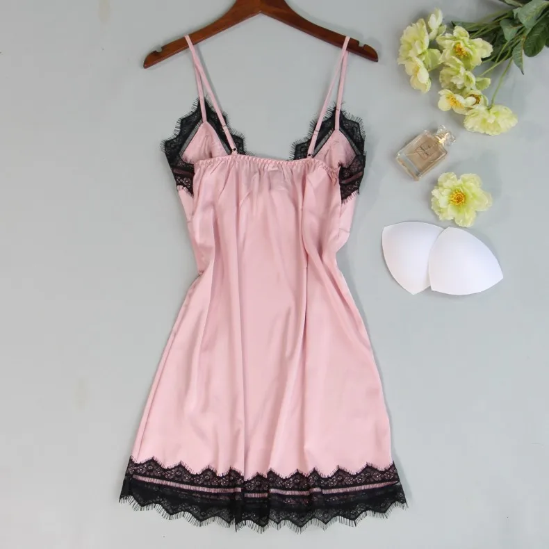 New Style Sexy Pajamas Female Spring Summer Long Sleeve Nightgown Piece-Slip Nightdress with Chest Pad Thin Ice Silk