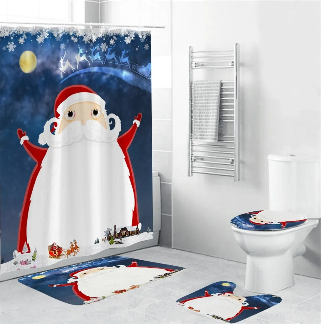 4 шт Рождественская занавеска для душа Ванная комната противоскользящие Ковровые Коврики для туалета Набор ковриков - Цвет: 4C