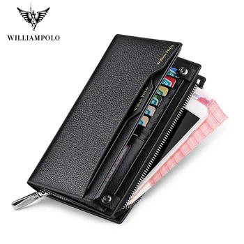 

WILLIAMPOLO Long Wallet Zipper Genuine Leather Men Clutch Bag with Removal Card Holder