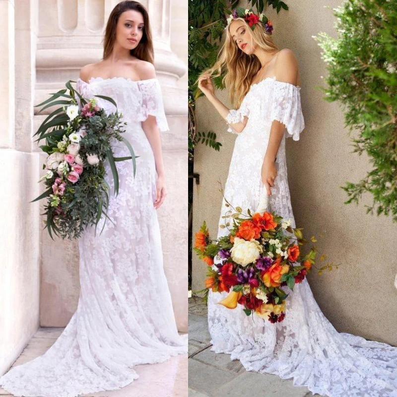 

Romantic Boho Beach Lace Wedding Dress Appliqued Off Shoulder Court Train Bohemia Long White Bridal Gowns vestidos de novia 2021