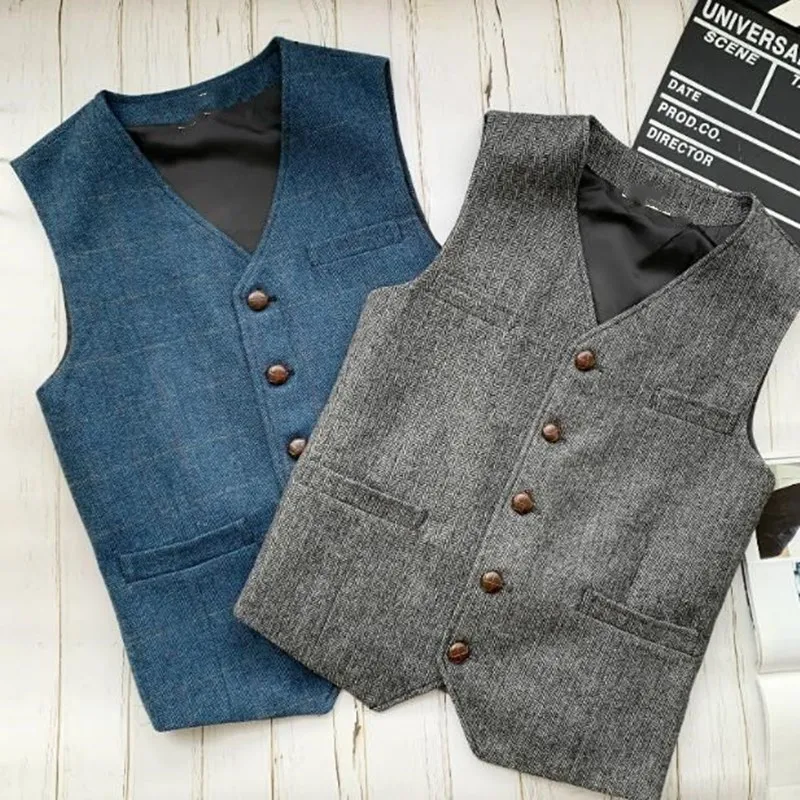 Vest Suit Waistcoat British-Style Vintage Male Tweed Slim Wool Herringbone Autumn Winter
