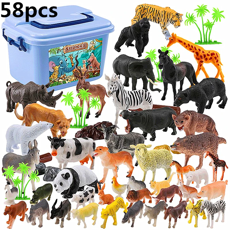 

58 pcs Genuine Wild Jungle Zoo Farm Animal Series Jaguar Collectible Model Kids Toy Early Learning Cognitive Toys Gifts-Random