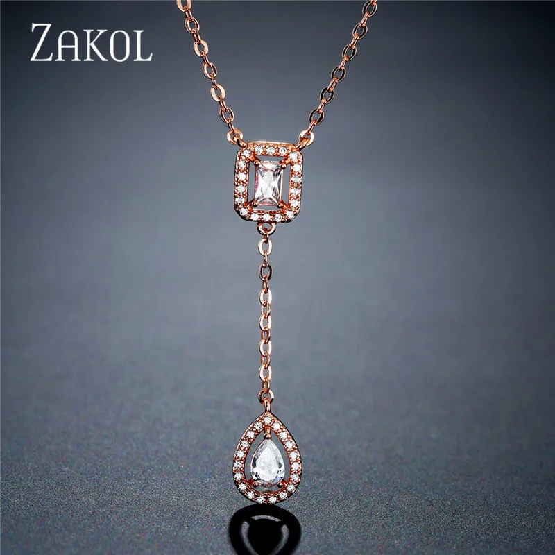 Rose Gold Color ZAKOLSimple, квадратная подвеска в форме капли из циркония, Очаровательное ожерелье, модное ювелирное изделие для свадьбы, подарок для невесты, для девушки, FSNP2068 - Окраска металла: Rose Gold Color