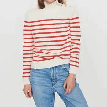 

2019 Autumn and Winter New High Collar Lady Striped Pullovers Button Striped Sweater