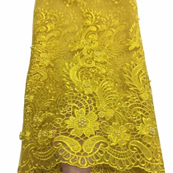 

Newest Yellow African Tulle Lace Fabrics With Stones Embroidery Net Lace African French Lace High Quality With Beads Rhinestones