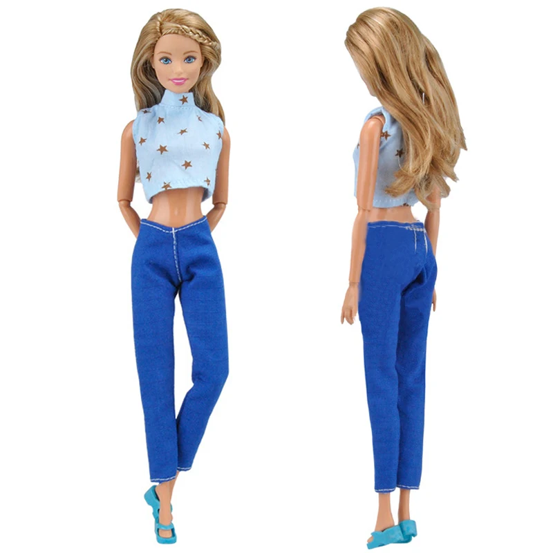 Azul moda roupas conjunto para barbie bonecas roupas de alta pescoço sem  mangas estrela imprimir curto topos longas calças lápis diy