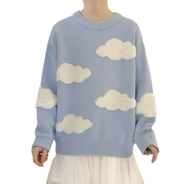 Blue Sweater White Clouds, Sweater Korean Style Clouds