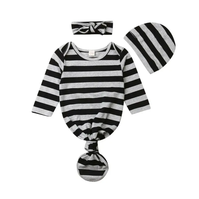 Осенняя Хлопковая полосатая пеленка с длинными рукавами и круглым вырезом для завёртывания для пеленания спальный мешок повязка на голову 3 предмета