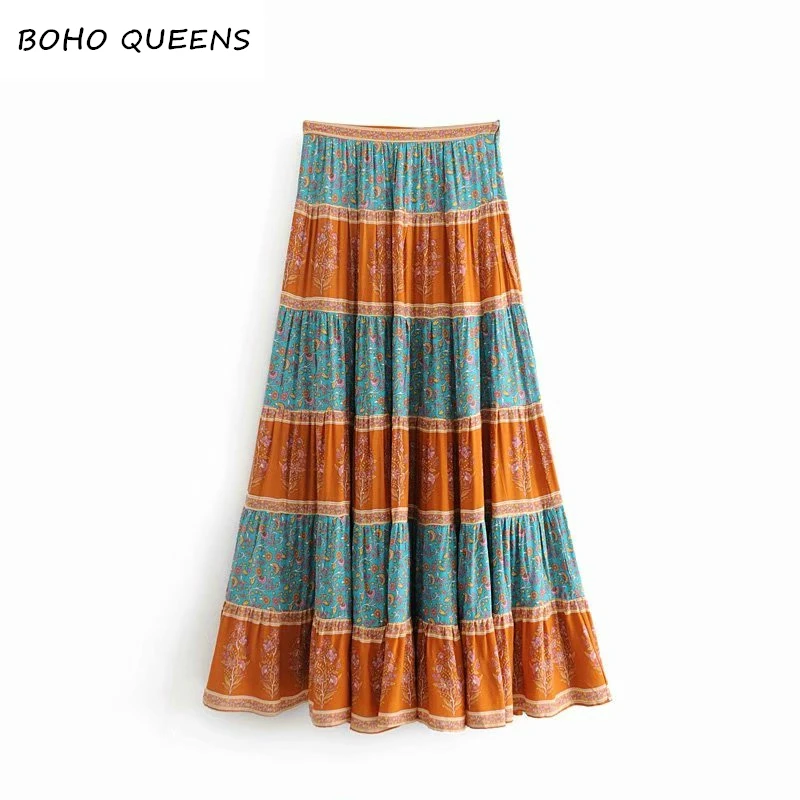 

Summer fashion Hippie women stitching Bohemian floral print beach long skirt High Elastic Waist A-Line Boho Maxi Skirts Femme