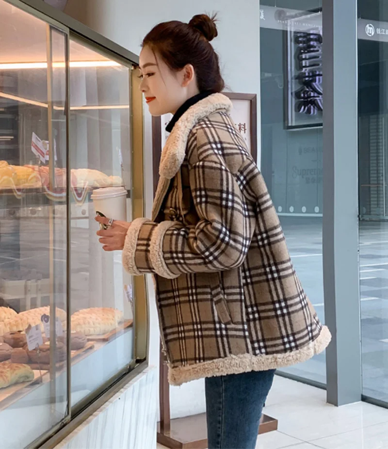 Ropa mujer, толстое клетчатое зимнее пальто из овечьей шерсти, большой размер, женская теплая куртка, женские элегантные топы и рубашки