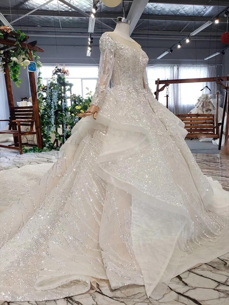 HTL577 Каскадное свадебное платье с рюшами, большие размеры, круглый вырез, длинные рукава, шнуровка, Замочная скважина, кружевное подвенечное платье, платье, vestito sposa