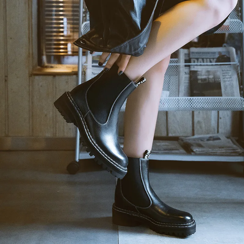 FEDONAS/ г. Зимние качественные женские ботильоны из натуральной кожи классические ботинки «Челси» ботинки на плоской платформе в стиле панк Женская обувь для вечеринок
