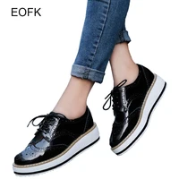 EOFK Spring Autumn Women Oxford Flats Genuine Leather Wingtips Lace Up Comfort Lady Brogue Derby Patent Platform Casual Shoes