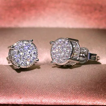 

Luxury Full Crystal Round Earrings White Gold Yellow Gold Color White Zircon Stone Wedding Stud Earrings For Women Men Jewelry