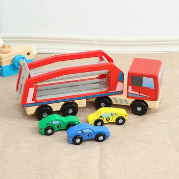 

4Pcs Wooden Double Decker Truck Toy Transport Carrier Truck Simulation Toy Car Model for Children Toys for Kids