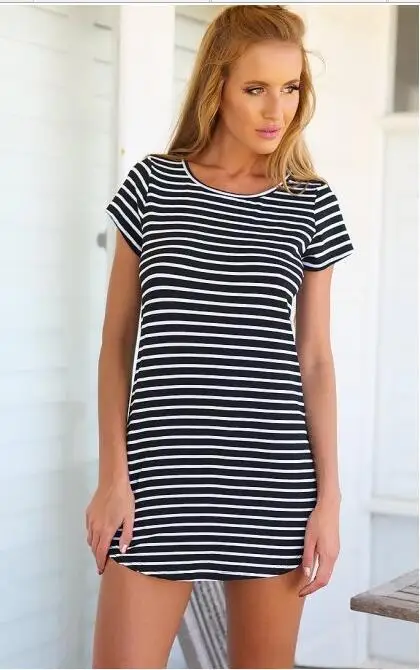 Women's striped sea soul rest leisurely waist round neck dovetail short-sleeved dress summer dresses Dresses