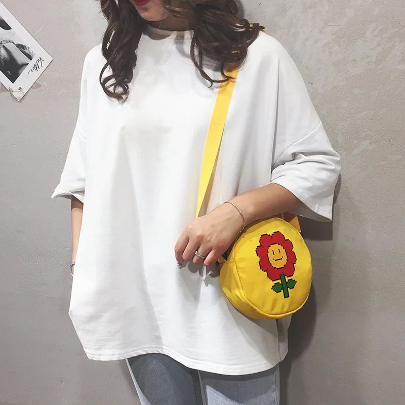 Холщовая Сумка Женская сумка стиль цветок Повседневная маленькая круглая Сумка милая мультяшная набивная сумка через плечо