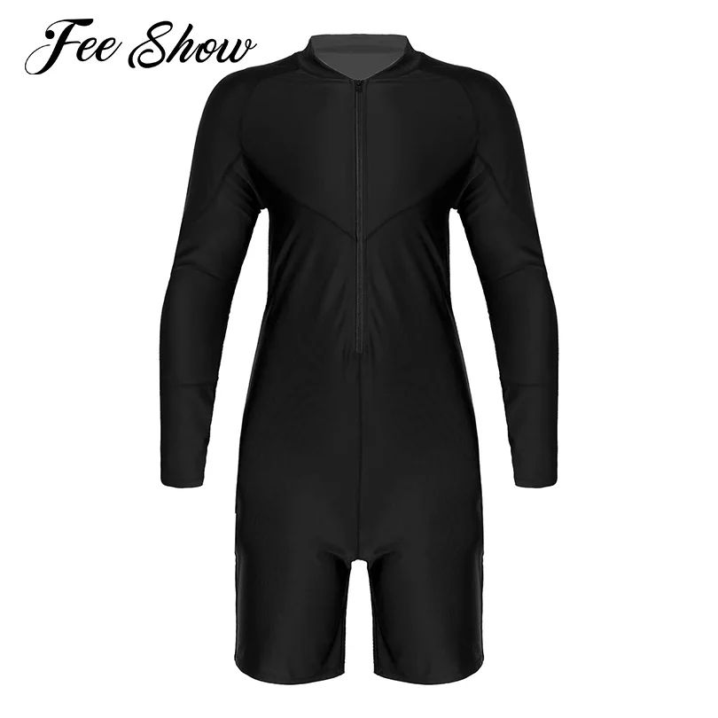 Men Onepiece Swimsuit Swimwear Long Sleeves Front Zipper Sports