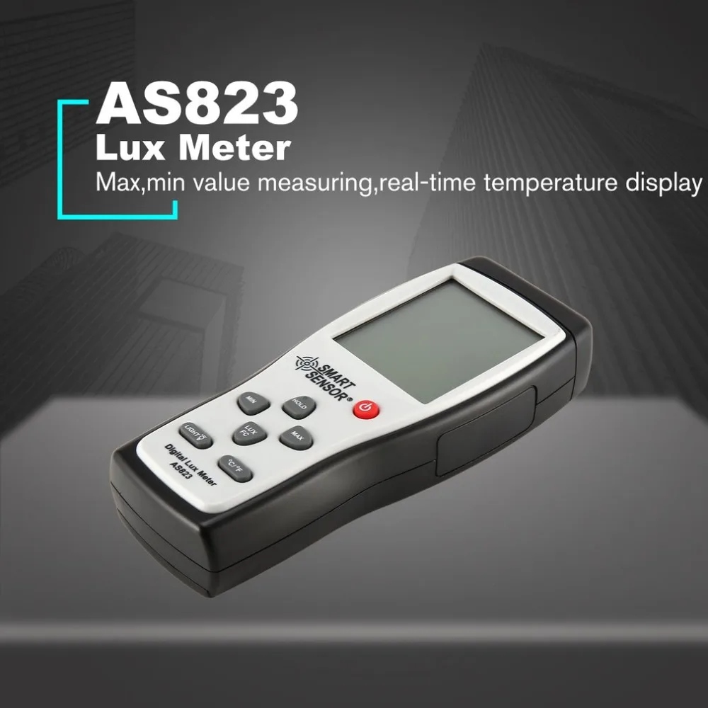 

Smart Sensor AS823 Digital Handheld Light Lux Meter Illuminance 200,000 Lux/FC Luminometer Photometer Lighting Tester Luxmeter