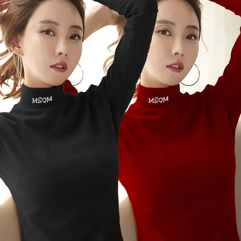 

2020 New embroidered semi-high collar base shirt autumn and winter long sleeve T-shirt female Slim Plus velvet top