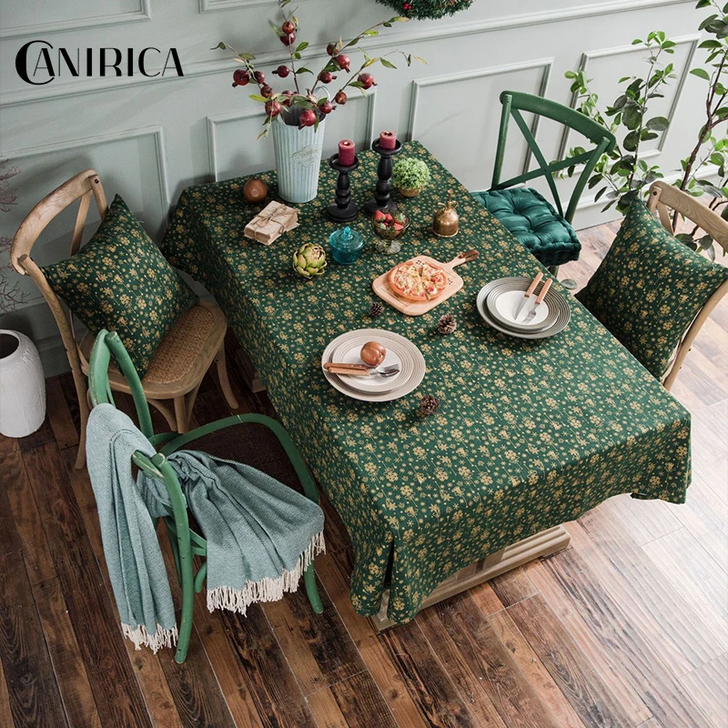  CANIRICA Christmas Tablecloth Linen Gold Tablecloth For Home Kitchen Dining Table Cover Green Mante