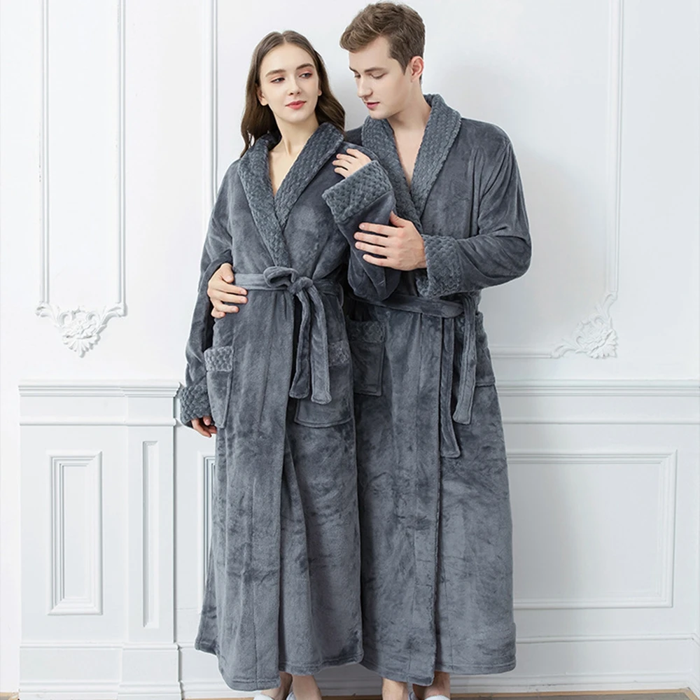 Couple Casual Bathrobe Winter Autumn  Flannel Long Robe Warm Thick Sleepwear Pajamas Bathrobe Nightgown Spa Dressing Gown
