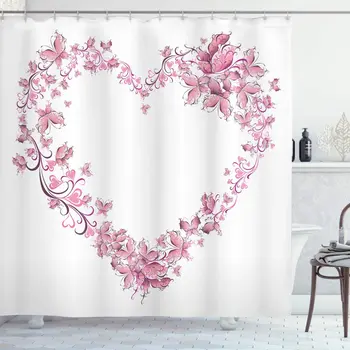 

Love Shower Curtain Floral Love Romantic Shape Heart of Butterflies Valentine's Day Flowers Ornamental Bathroom Decor Set