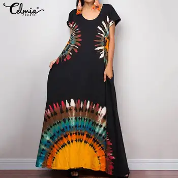 

Celmia Summer Sundress Women Vintage Print Long Shirt Dress Short Sleeve Casual Loose Holiday Maxi Robe Vestiods Plus Size S-5XL