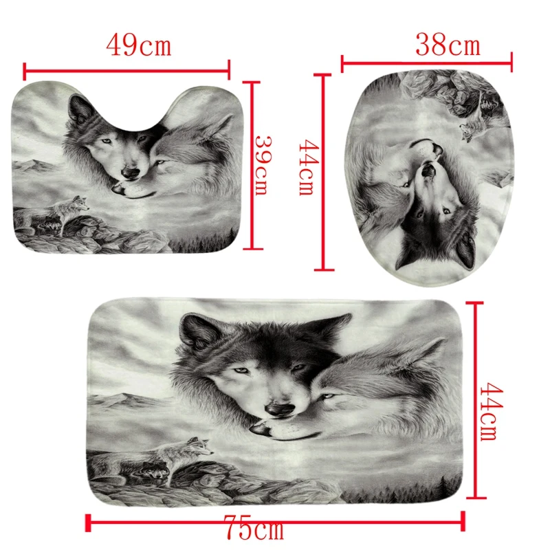 Hot Sale 4Pcs Home Bathroom Decor Set Wolf Pattern Toilet Seat Cover Bath Mat Set+ Waterproof Shower Curtain | Дом и сад