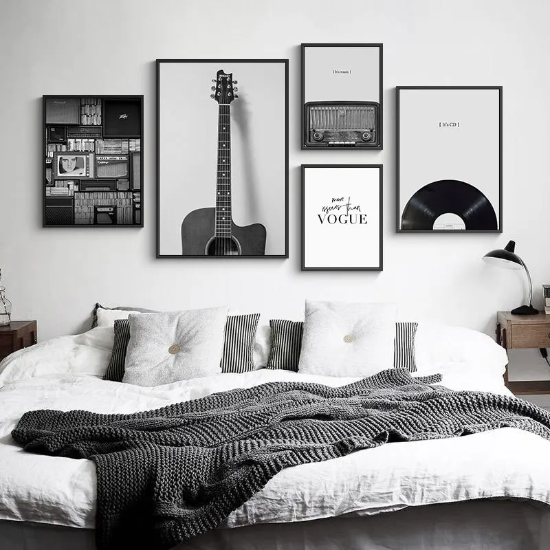 

Retro White and black Guitar CD Record Radio Vague modern decorative Picture Canvas Wall Art Poster for office living room decor
