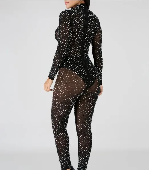 Cultiseed Women Sexy Hot Drilling Slim Hip Jumpsuits Rompers Female Fashion Hollow Out Bandage Mesh Jumpsuits Ladies Jumpsuits