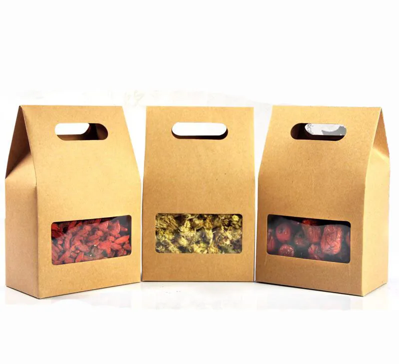 

10x15cm Kraft Paper Food Packaging Bag with Window and Handle, for Baking Food Cookies Candy Meat Beans,100 Pack