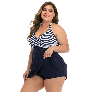 

2020 New Plus Size Tankini Women Two Pieces Swimsuit Swimwear Bathing Suit Stripe Swimsuit Women Large Size