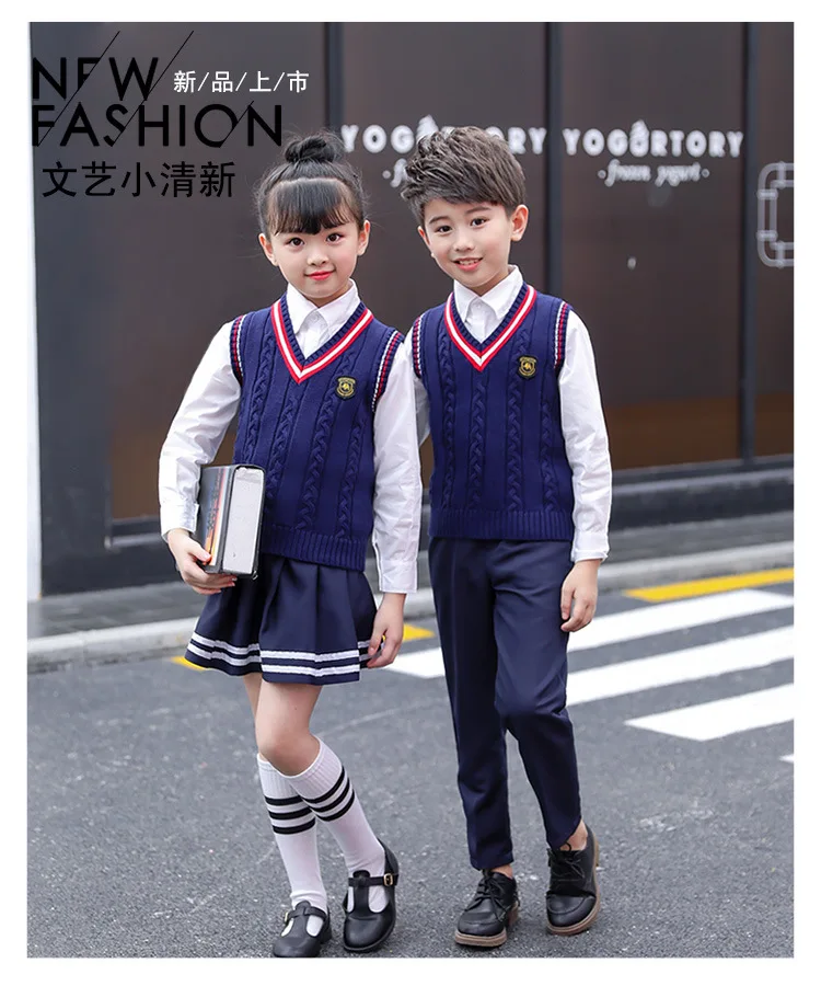 Детская школьная форма; сезон осень-зима; свитер с v-образным вырезом для мальчиков и девочек; одежда для хора; хлопок; теплый жилет в корейском британском стиле