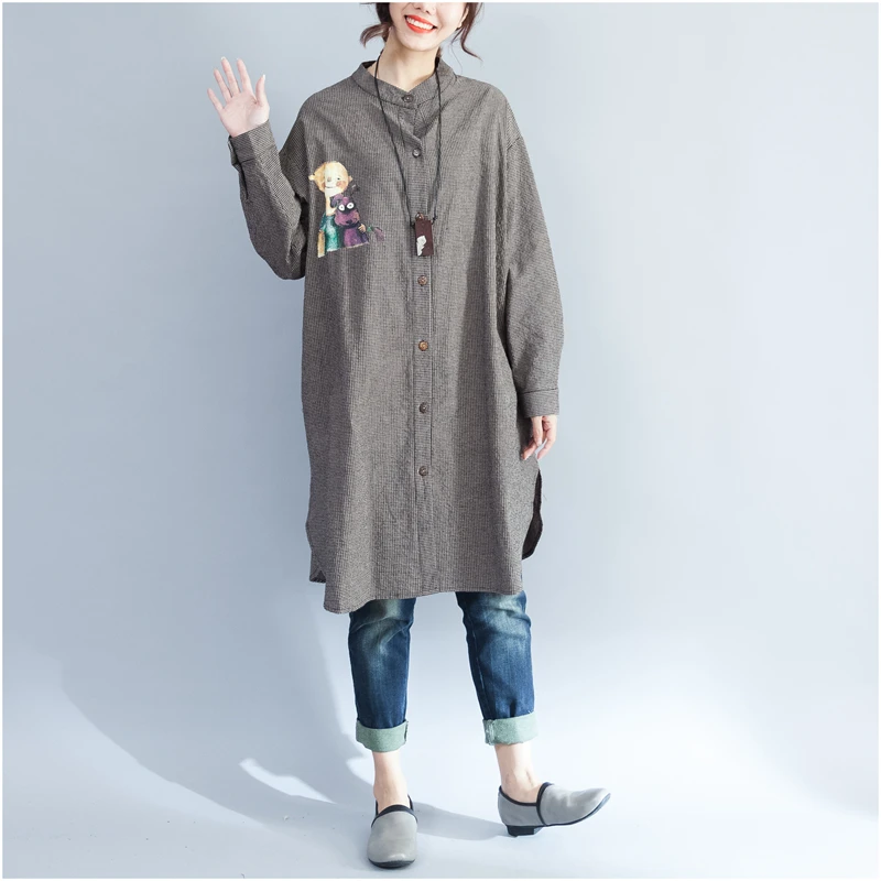 Autumn Women Korea Style Oversized Long Sleeve Stand Collar Plaid Vintage Cartoon Print Single Breasted Coat Cotton Linen Trench