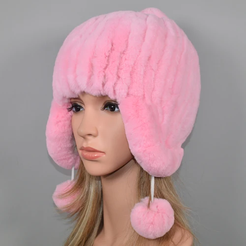 pink Новые русские зимние толстые теплые Настоящий мех кролика шапки шапочки для женщин Настоящий мех кролика шапка эластичные натуральные шапки из меха кролика рекс - Цвет: pink