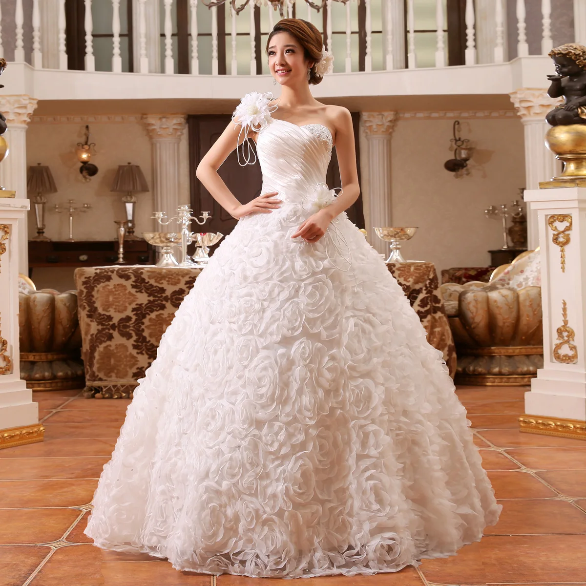 Wedding Dress Ball Gowns New One Shoulder Princess Plus Size Satin Wedding Dresses Bride Bridal Flower Embroidery Dressses