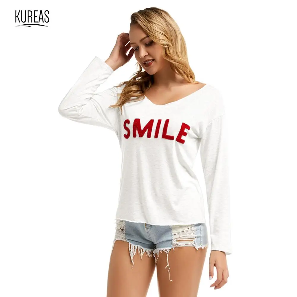 

Kureas Women Knitted T Shirt Autumn Winter Long Sleeve O Neck T-Shirts Casual Baggy Letter Embroidery Tops SMILE