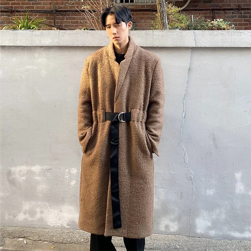 Dark Brown X107 Мужская винтажная Модная Повседневная Свободная куртка-Тренч, пальто для мужчин на осень и зиму, длинное шерстяное пальто с поясом, верхняя одежда - Цвет: Dark Brown X107